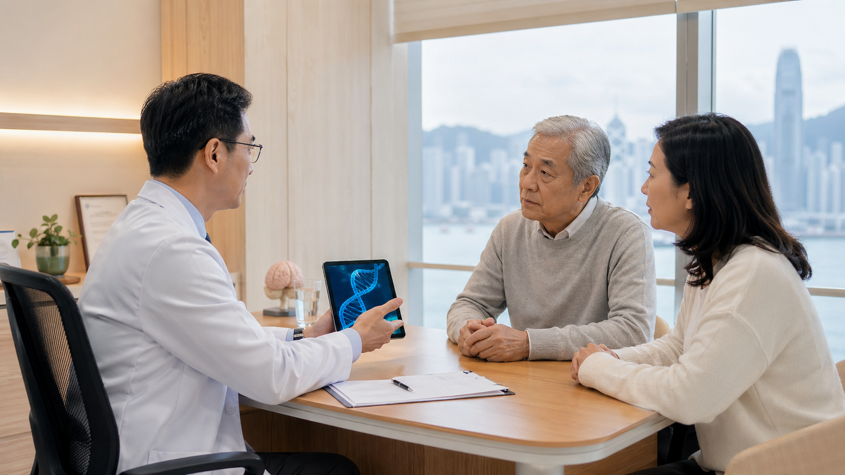 Doctor discussing Alzheimer's disease genetic testing with an older patient and family member
