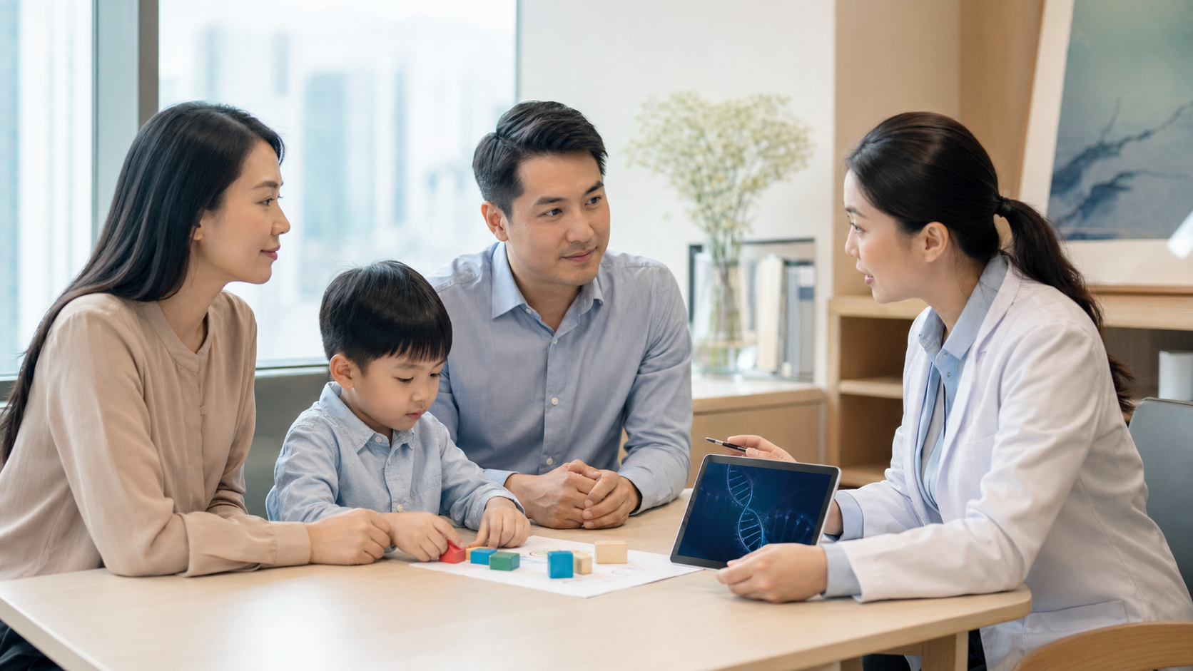 Doctor discussing autism spectrum disorder genetic testing with parents and child