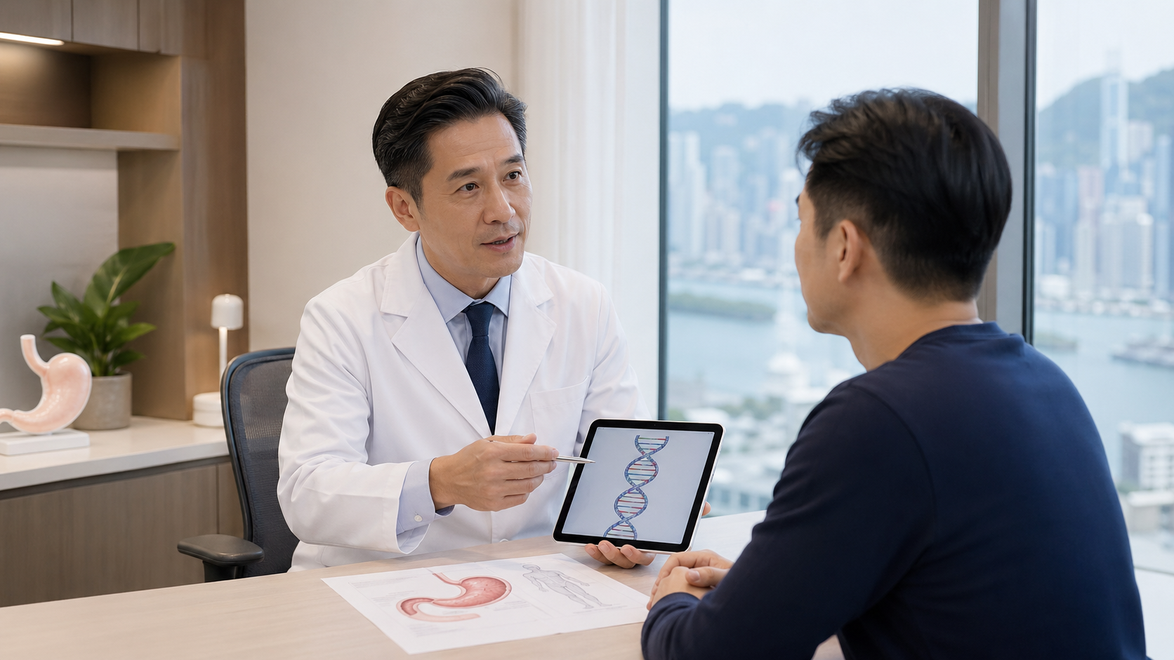 Doctor explaining hereditary gastric cancer genetic testing to a patient