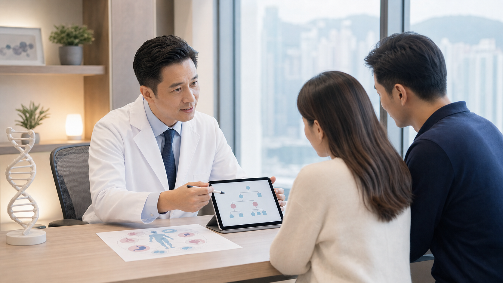 Doctor explaining comprehensive hereditary cancer genetic testing to a couple